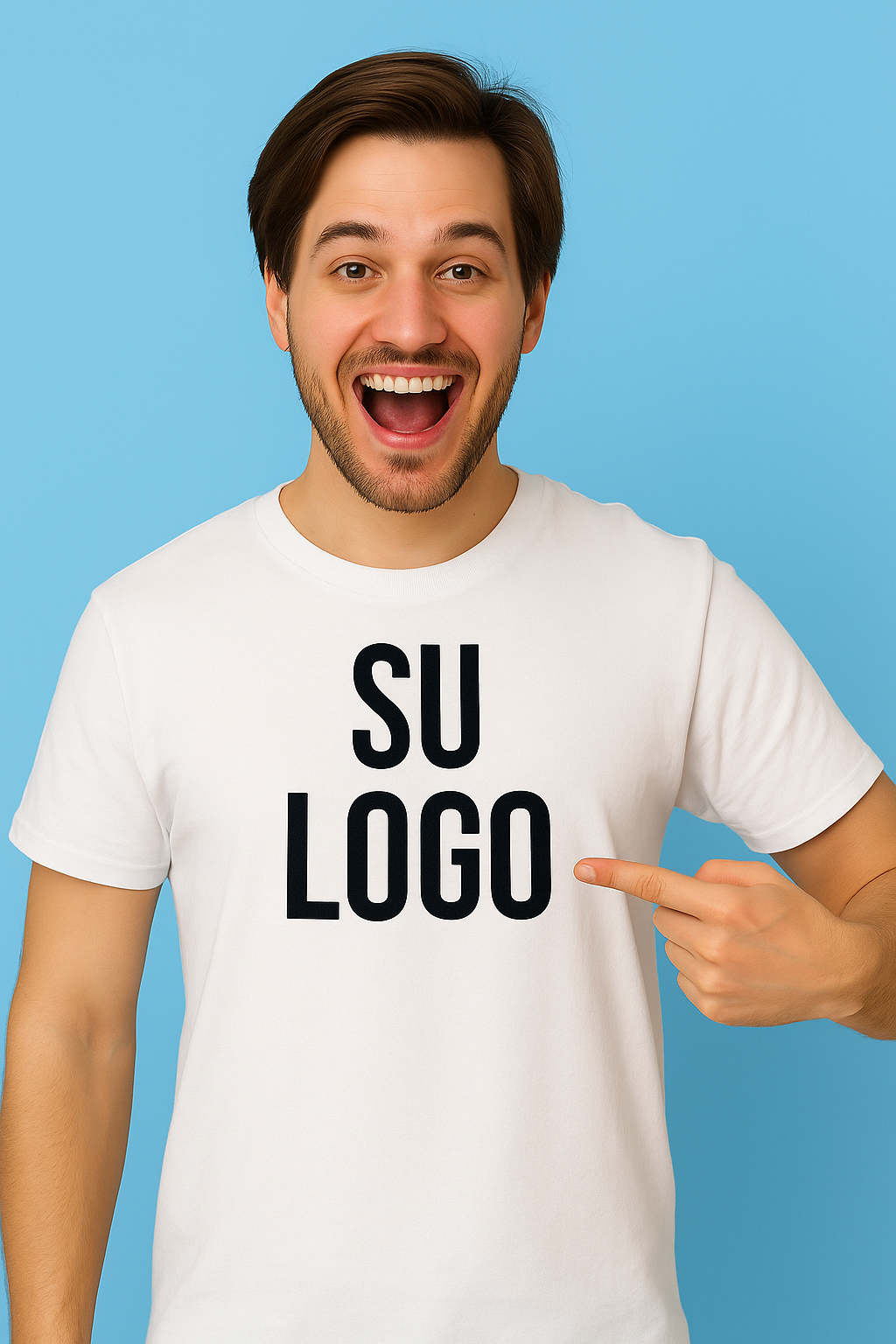 Un hombre sonriente de pelo castaño y barba señala su camiseta blanca, con el logotipo SU impreso en negrita. Ante un fondo azul claro, muestra camisetas y ropa laboral con tu logo y serigrafía personalizada en Ciudad Real.