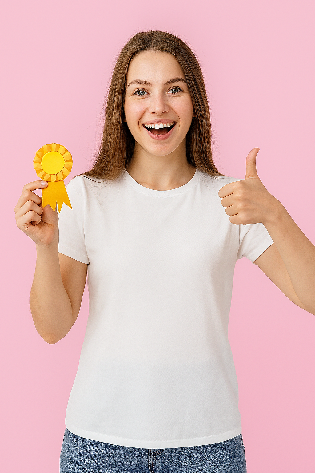 Una joven sonriente con una camiseta blanca sostiene un lazo amarillo de premio y levanta el pulgar, sobre un fondo rosa: la inspiración perfecta para camisetas y ropa laboral con tu logotipo o serigrafía personalizada en Ciudad Real.