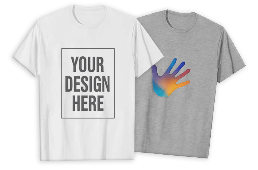 Dos camisetas: una blanca con un cuadrado en blanco y las palabras YOUR DESIGN HERE -perfecta para serigrafía personalizada en Ciudad Real- y otra gris con un colorido diseño de huellas de manos en el pecho.