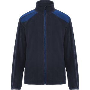 Chaqueta micropolar azul marino con cremallera y detalles azul oscuro en los hombros y el cierre, presentada sobre fondo claro liso.