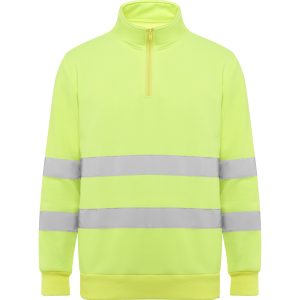 Sudadera de alta visibilidad con media cremallera en color amarillo neón, franjas reflectantes, presentada sobre fondo claro liso.